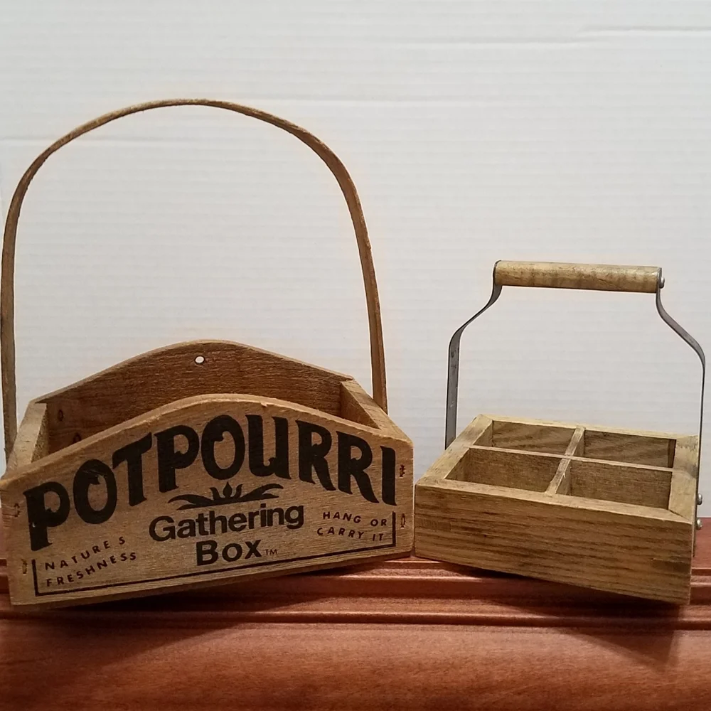 set of 2 Handmade Wood Baskets Primitive Potpourri & Sectioned Tray